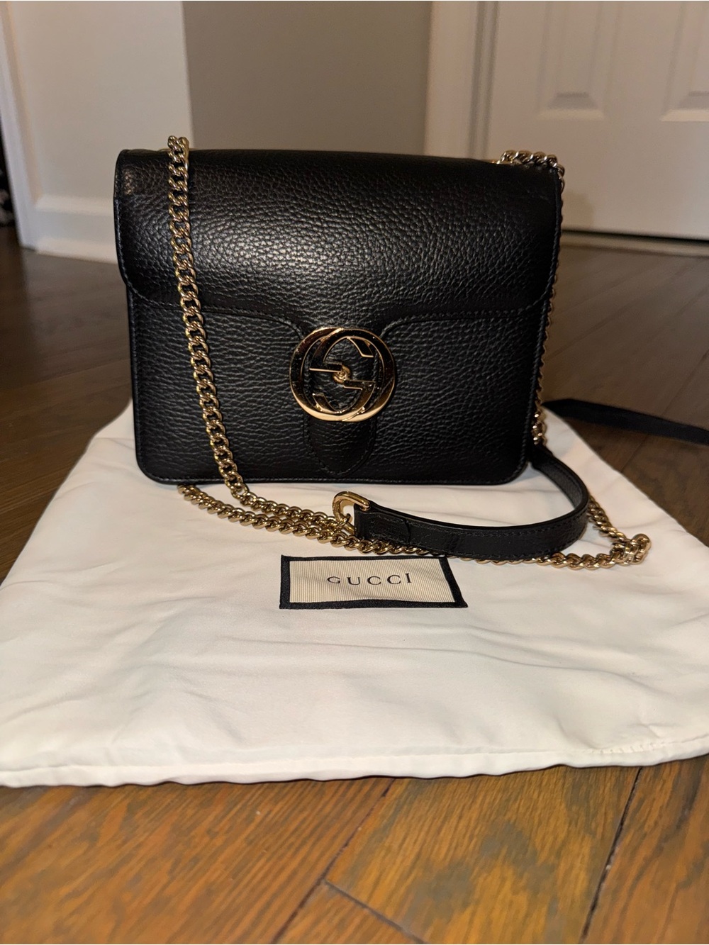 Gucci Black Leather Crossbody with Gold Chain